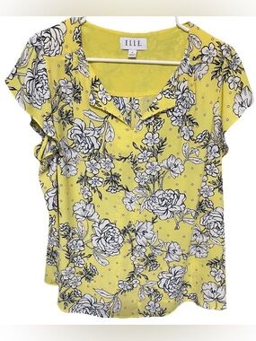 Elle Womens Top Size XL Yellow Floral Print Short Sleeve